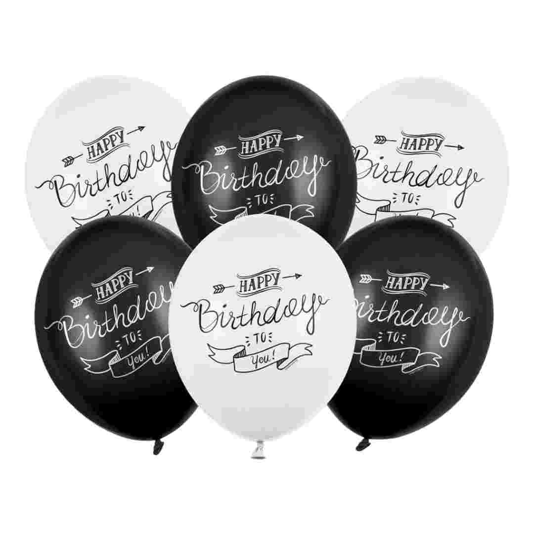 Latex Balloner  Happy Birthday, Sort og hvid mix - 6 stk. 30 cm
