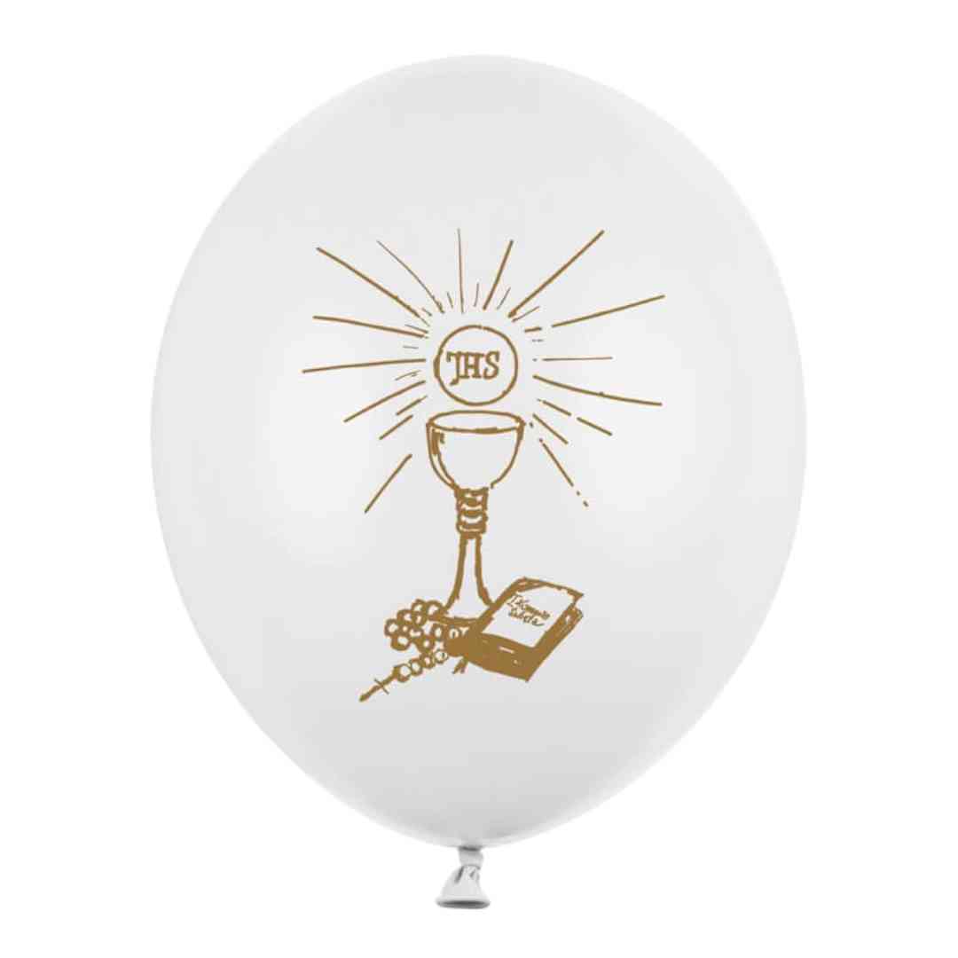 Billede af Latex Balloner Hvid Med Guld Print - 6 Stk. 27 Cm