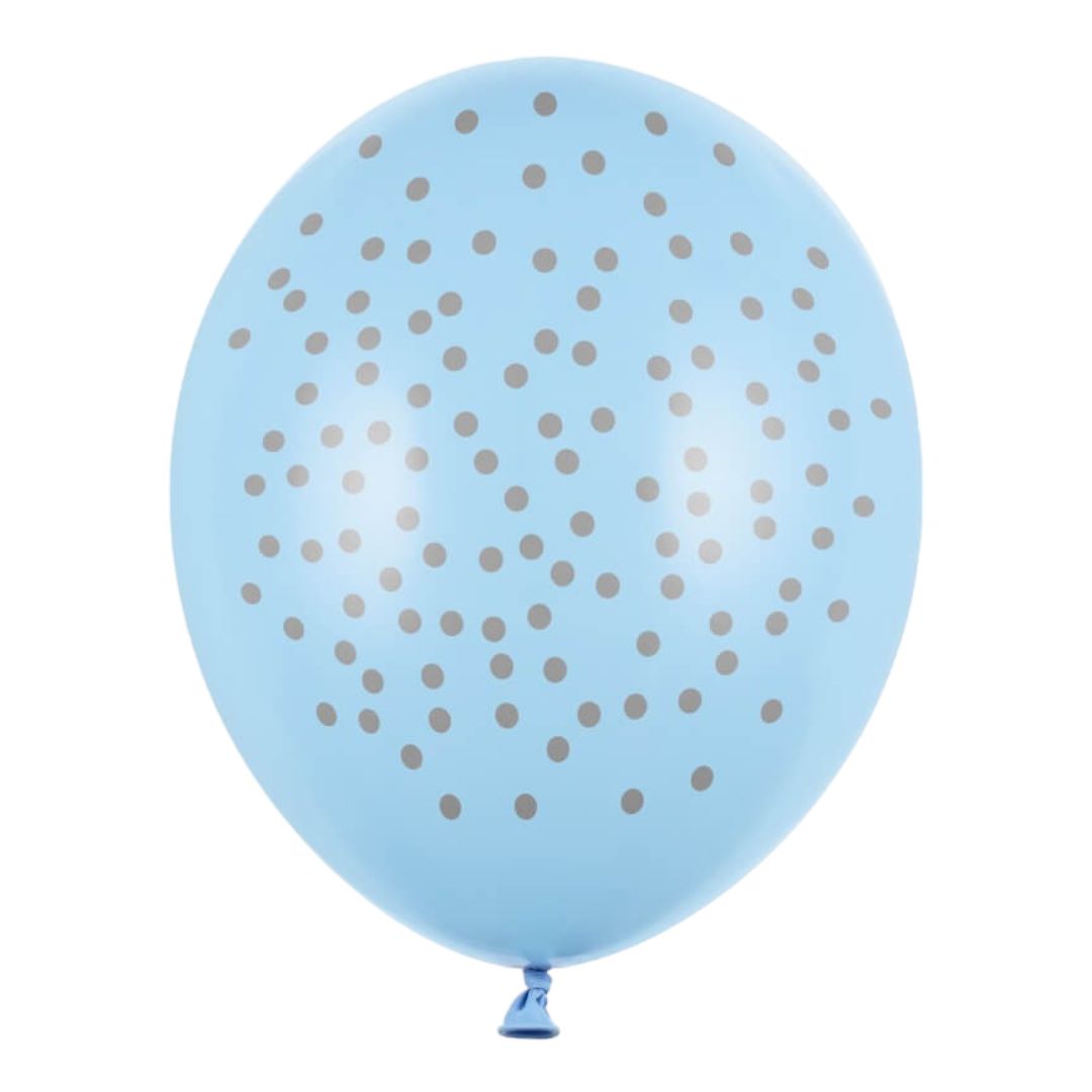 Latex Balloner Prikker, Pastel lyseblå med sølvprint- 6 stk. 30 cm
