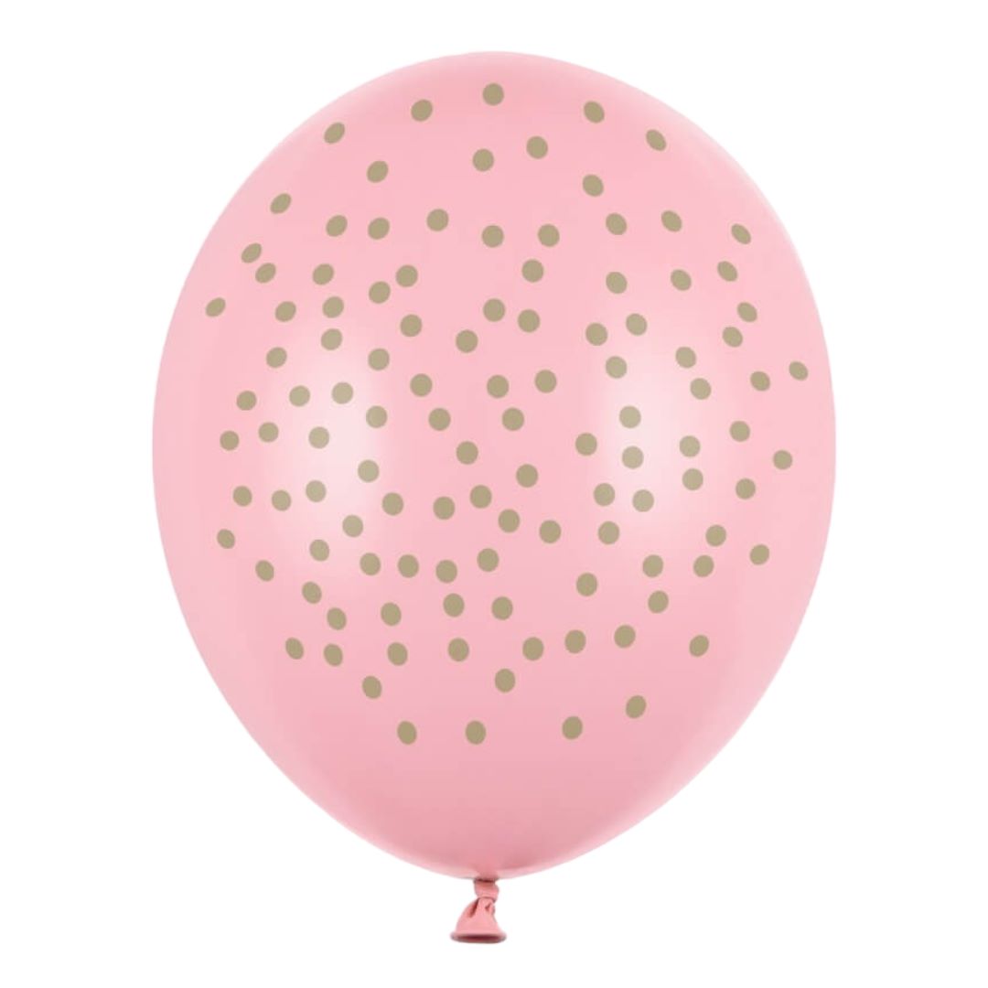 Latex Balloner Prikker, Pastel lyserød med guldprint - 6 stk. 30 cm