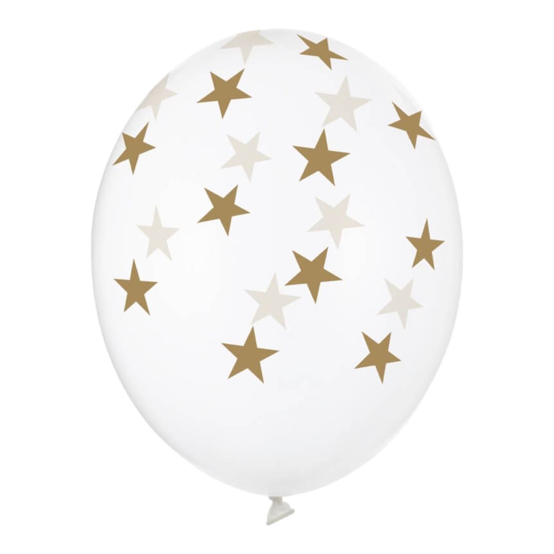 Billede af Latex Balloner Stjerner, Krystalklare, Med Guld - 6 Stk. 30 Cm