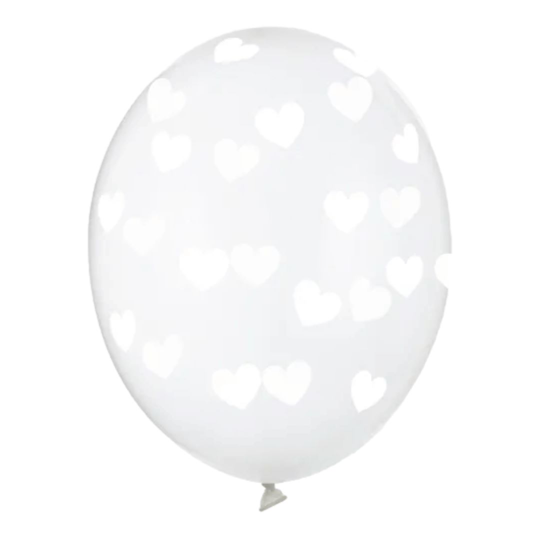Billede af Latex Balloner Klar Med Hvide Hjerter - 6 Stk.
