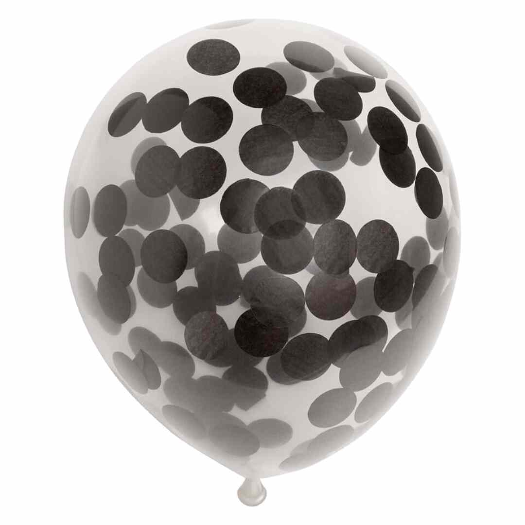 Latex Balloner klar med sort confetti - 6 stk.