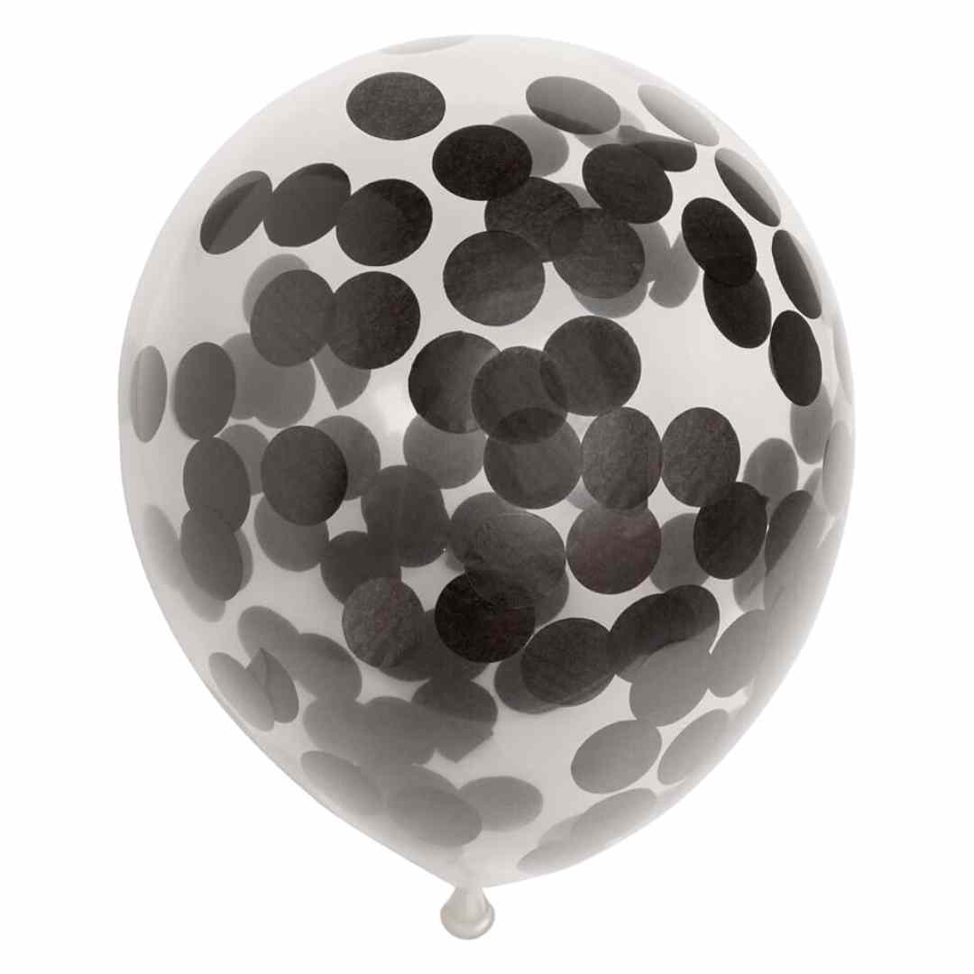 Billede af Latex Balloner Klar Med Sort Confetti - 6 Stk. - 30 cm