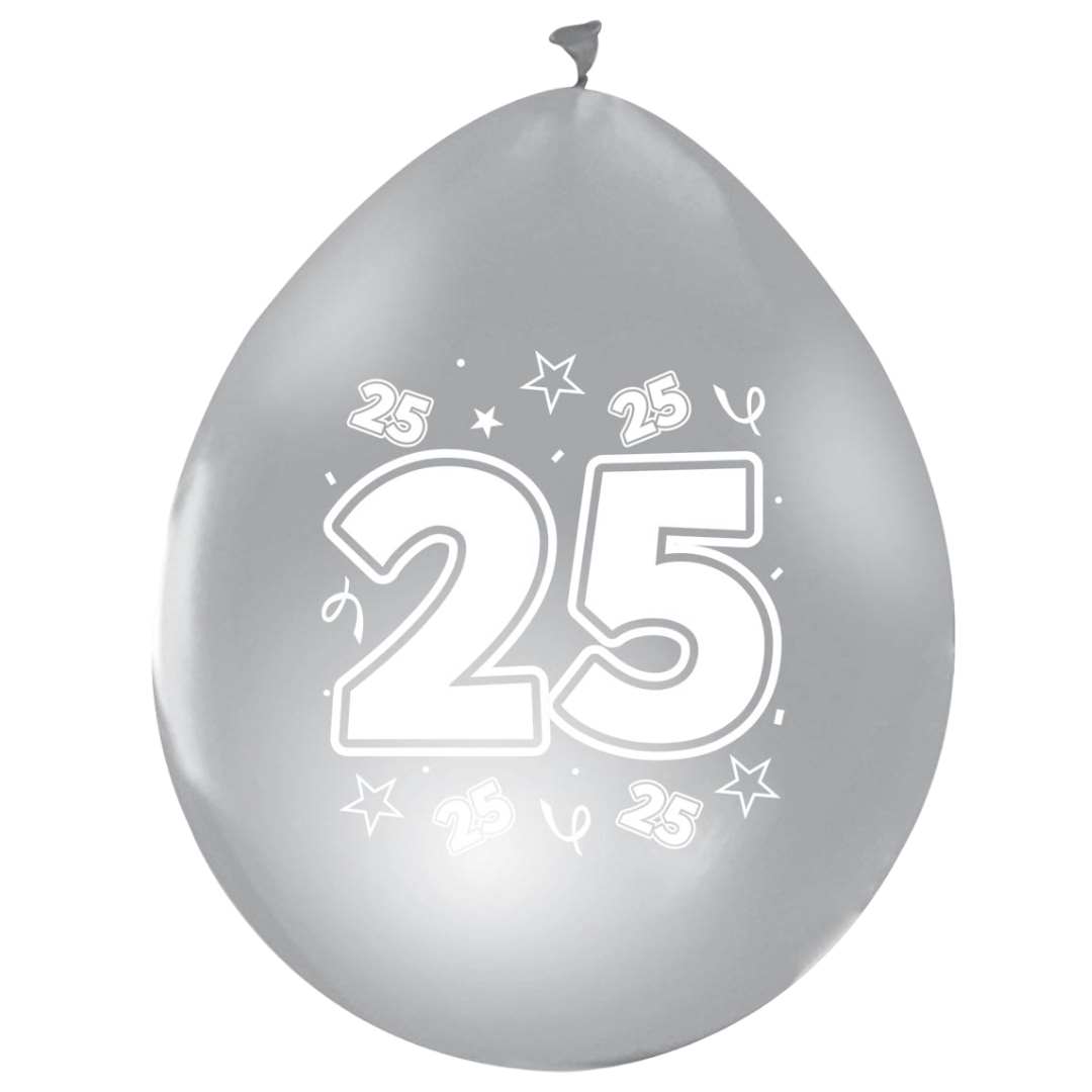 Latex Balloner sølv med tallet 25 - 8 stk.