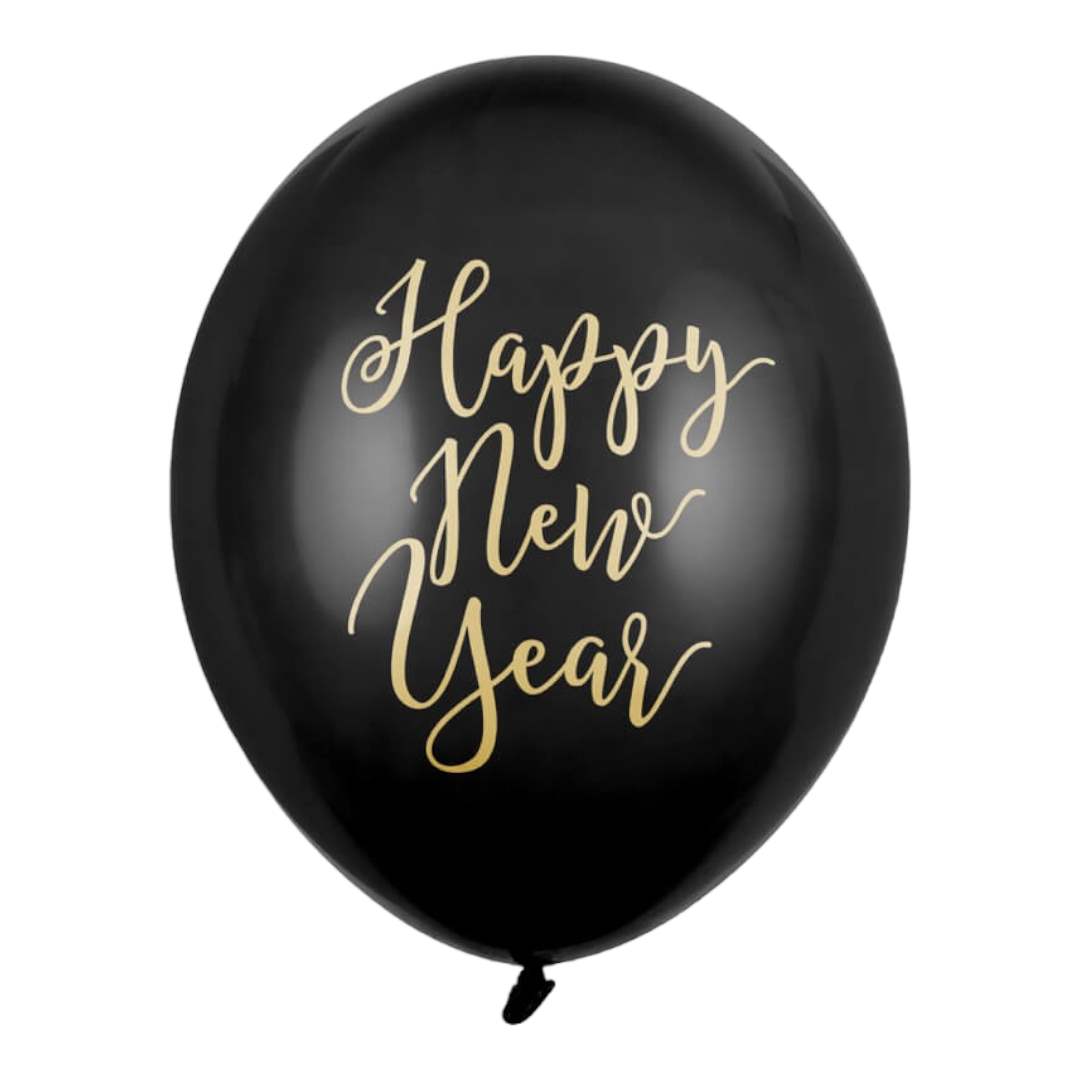 Latex Balloner sort Happy New Year - 6 stk. 30 cm
