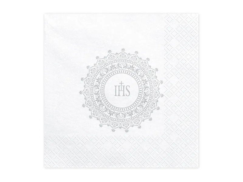 Servietter hvide, Sølv mønster med IHS monogram - 20 stk.