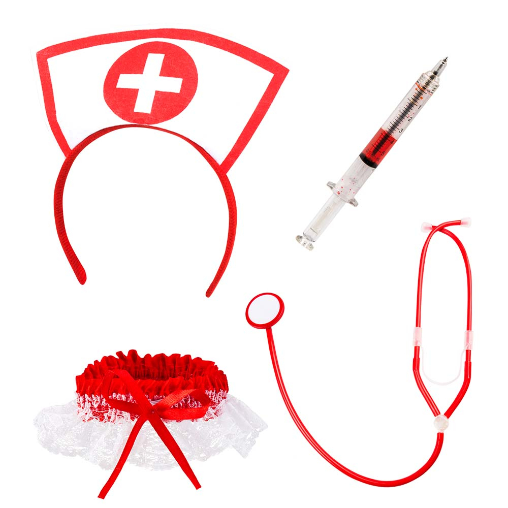 Sygeplejerskesæt (tiara, stetoskop og strømpebånd med sprøjte/pen)