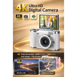 4K Digital Kamera med 2.4� Flip Sk�rm � 48MP &amp; Videooptagelse Hvid