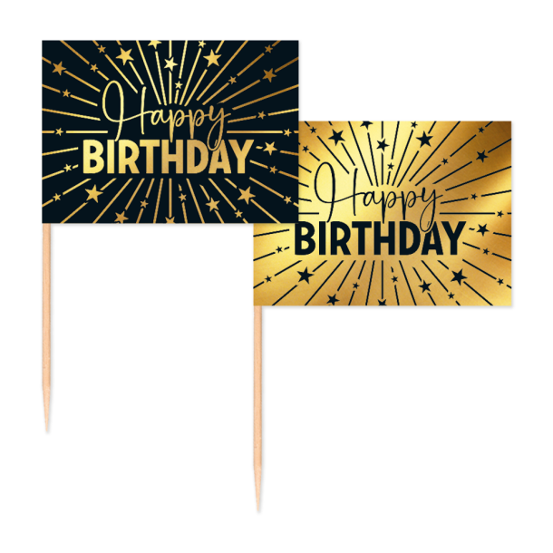 50 Flag Picks  Happy Birthday (Sort/Guld)