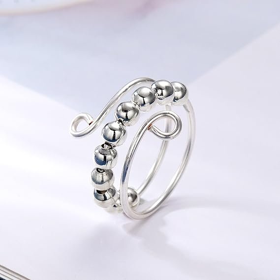 Fidget Antistress Ring - Sølv - Justerbar med 10 Bevægelige Sølvperler ...