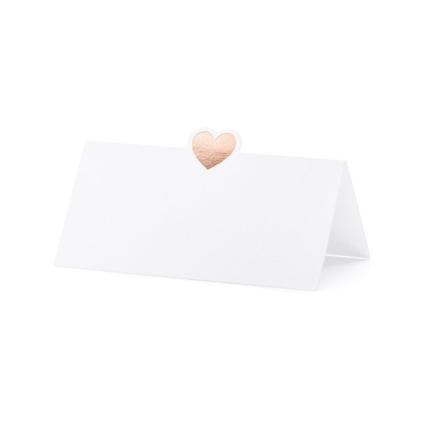 Bordkort Af Hvidt Papir Med Rosa Guld Metallic Hjerte 10 Stk. - ca. 10 x 5 cm.