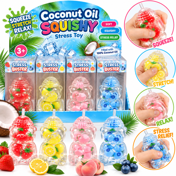 Clear Coconut Oil Bamse Stressbold 10 cm Assorteret