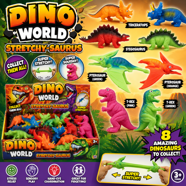 Dino World Stretchy Dinosaur � Bl�de Stretch Dinoer til Fidget &amp; Sensorisk Leg