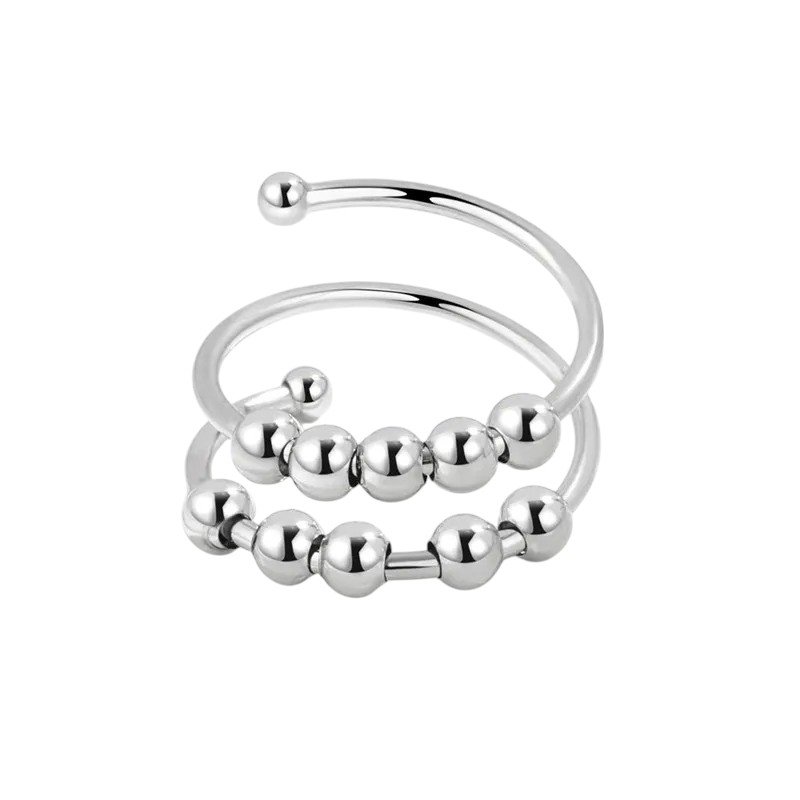 Fidget Antistress Ring - Sølv - Justerbar med 10 Bevægelige Sølvperler ...