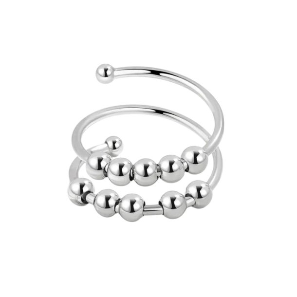 Fidget Antistress Ring - Sølv - Justerbar med 10 Bevægelige Sølvperler (se video)