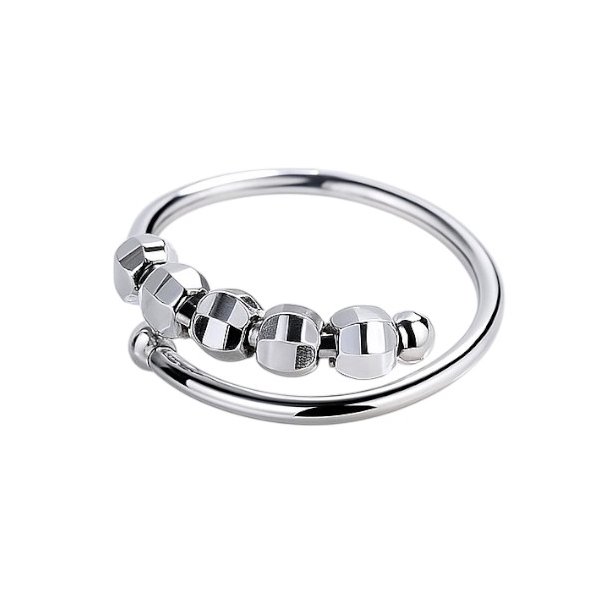 Fidget Antistress Ring i Sølv – 4 Bevægelige Perler & Justerbar Pasform