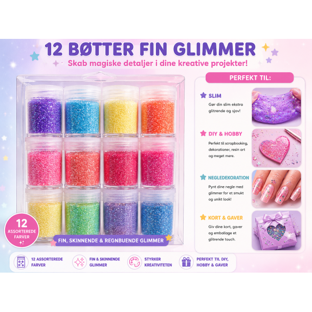 Fint Glimmer Mix � 12 B�tter Assorterede Farver
