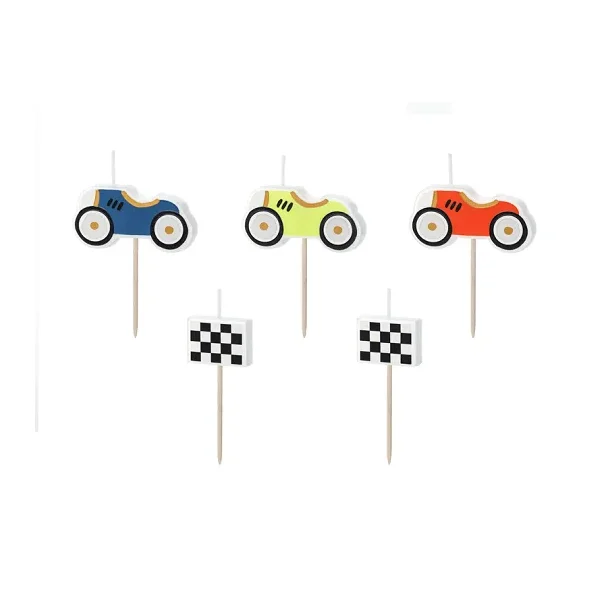 F�dselsdagslys � Racerbiler &amp; Flag (mix, 2�3 cm, 5 stk.)
