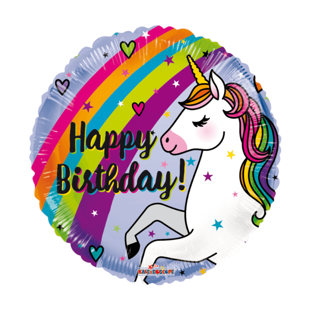 Folieballon 18" Rund - Happy Birthday With Unicorn &amp; Rainbow
