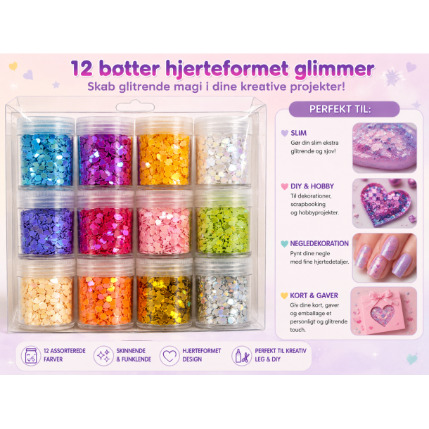 Glimmer Hjerter Til Slim &amp; DIY � 12 B�tter Assorterede Farver