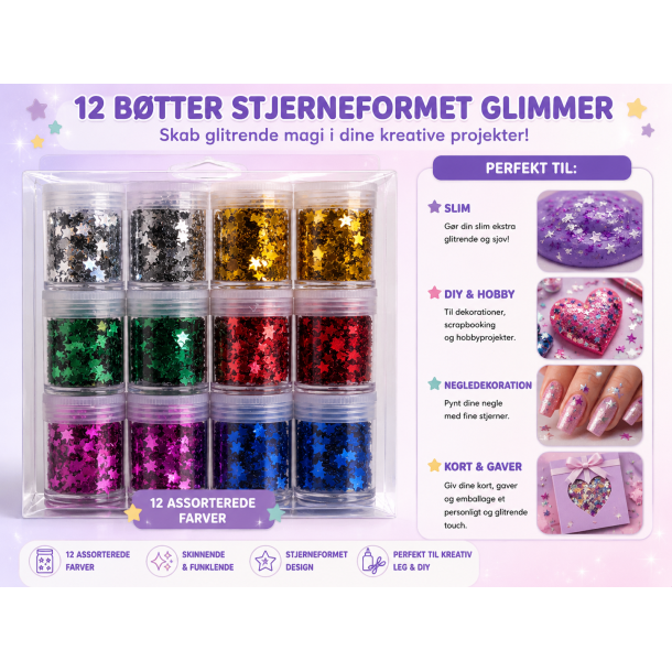 Glimmer Stjerner Til Slim &amp; DIY � 12 B�tter Assorterede Farver