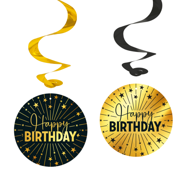 Happy Birthday Golden Celebrations Swirls  Sort/Guld (4 stk.)