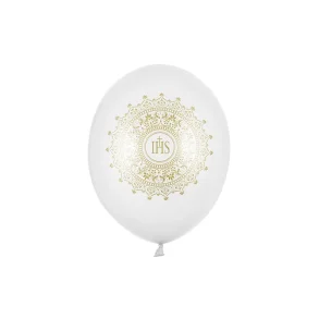 Konfirmationsballoner 30 cm � IHS Metallic Hvid med Guldtryk � Strong Balloons (6 stk)