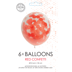  Latex Balloner Klar Med R�d Confetti - 6 Stk. - 30 cm