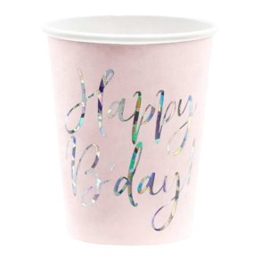 Papir Kopper I Pudderlyser�d Med Happy Bday 220 Ml.- 6 Stk