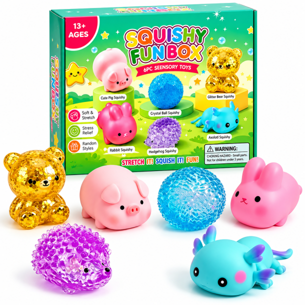 Squishy Fun Box Gr�n 6 stk med Sugar og Marshmallowfyld