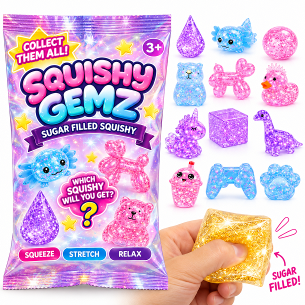 Squishy Gemz Mystery Sugar Stressbold med Glimmer Assorteret