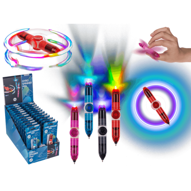 Gyro Spinner Kuglepen med LED - Inkl. Batteri - ca. 9 cm - 4 Assorterede Farver
