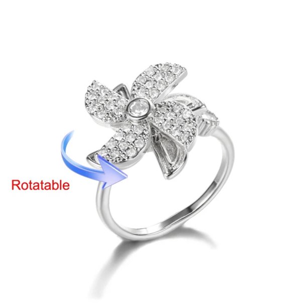 Elegant Spinner Blomst Ring – justerbar Sølv med Simili Sten
